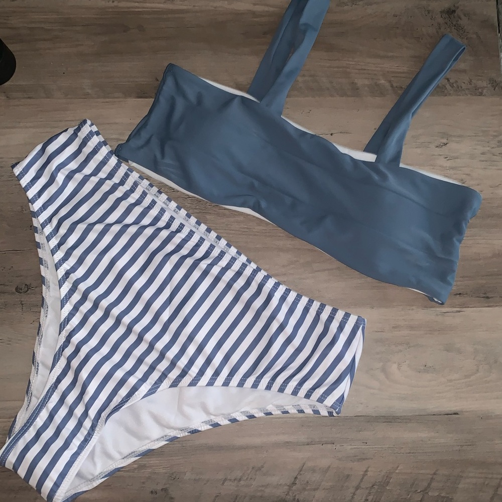 Blue and white stripe high waist bikini